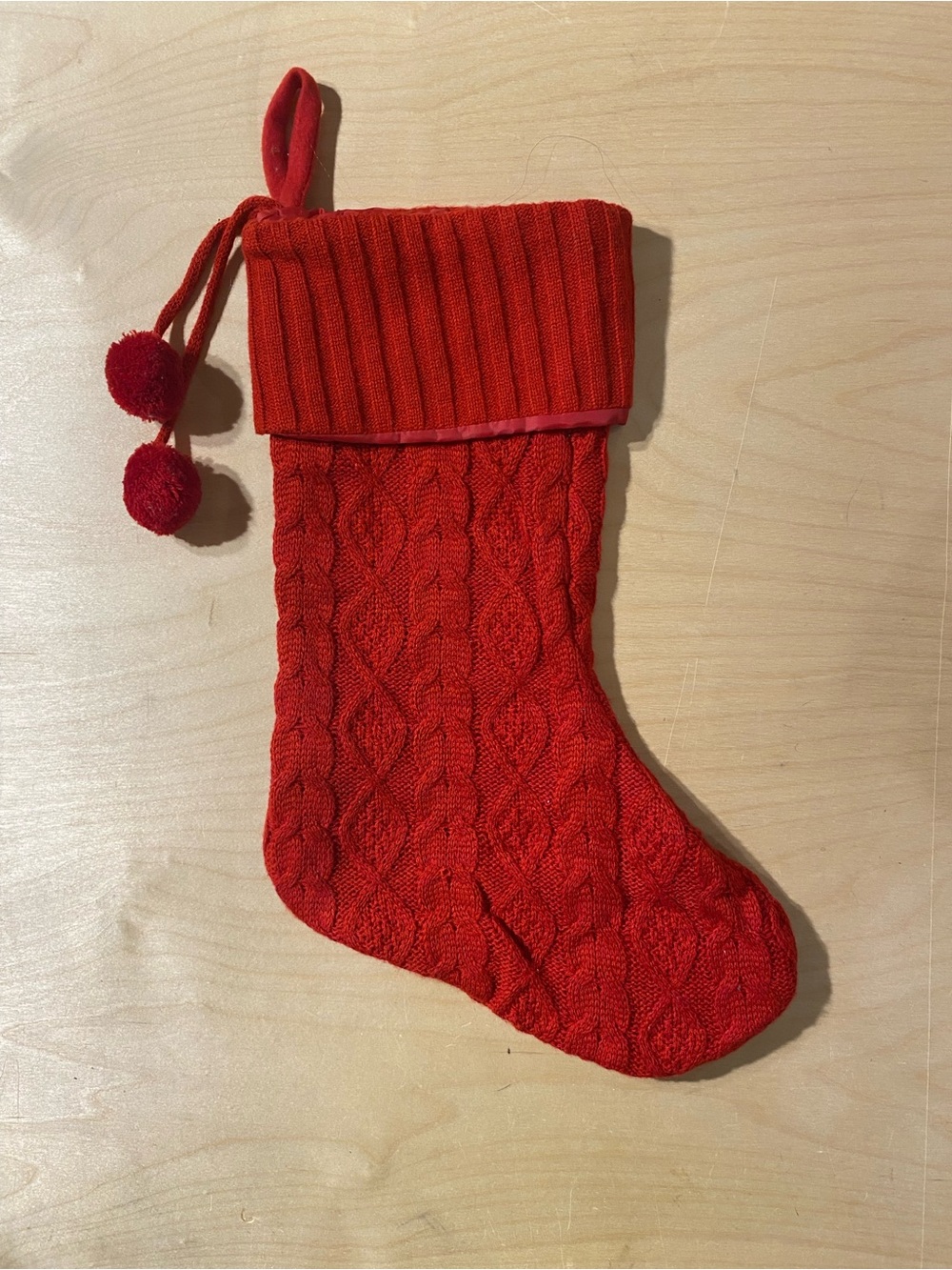 Classic Red Cable-Knit Holiday Stocking with Pom Poms (AU)